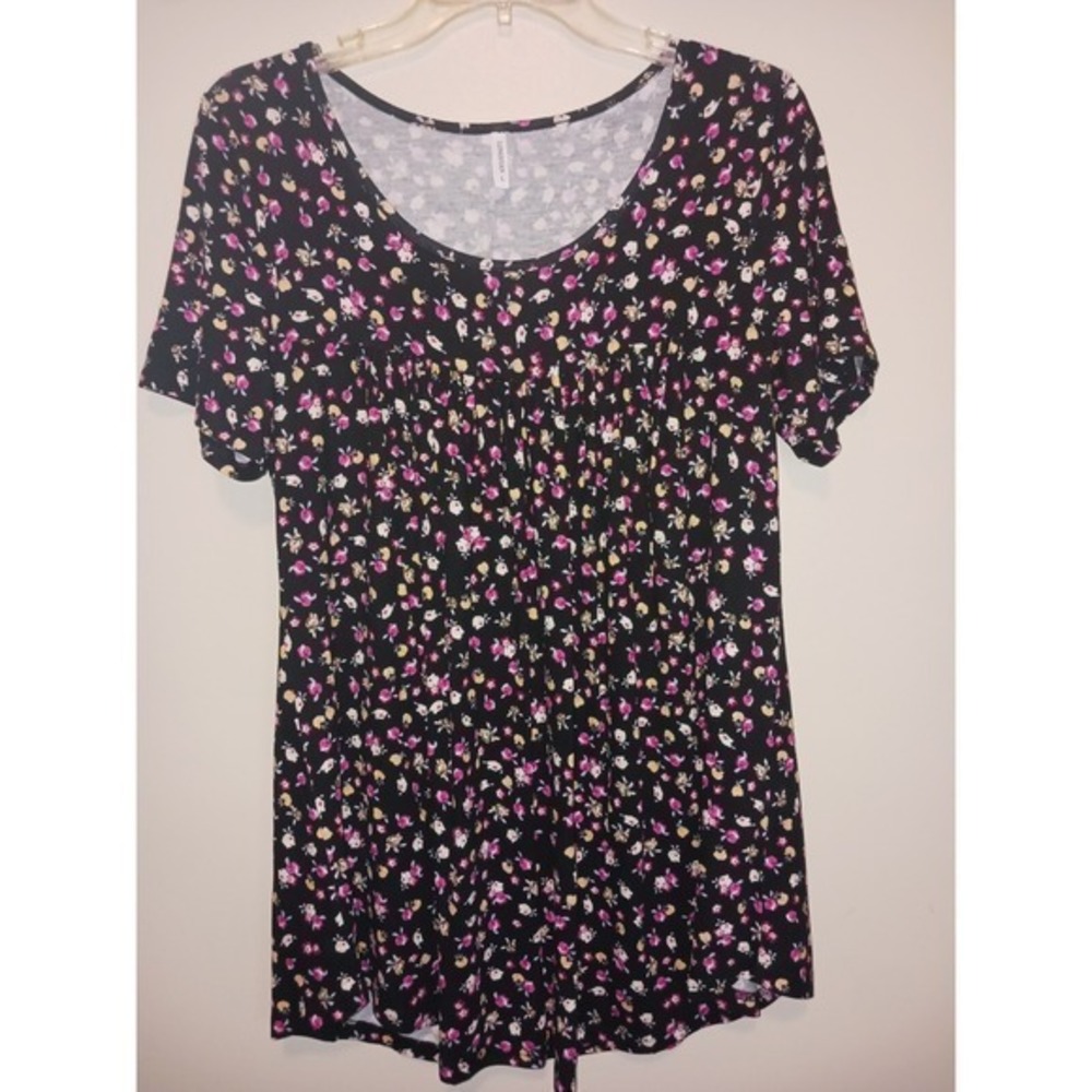 Longyuan Babydoll Cottagecore Black Short Sleeve Loose Fit Floral‎ Top Large